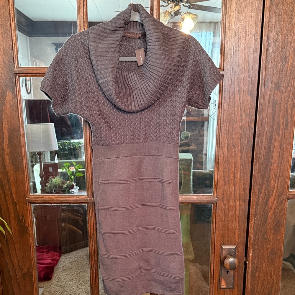 The Limited Womens‎ Brown Cowl Neck Short Sleeve Textured Knit Sweater Dress XS